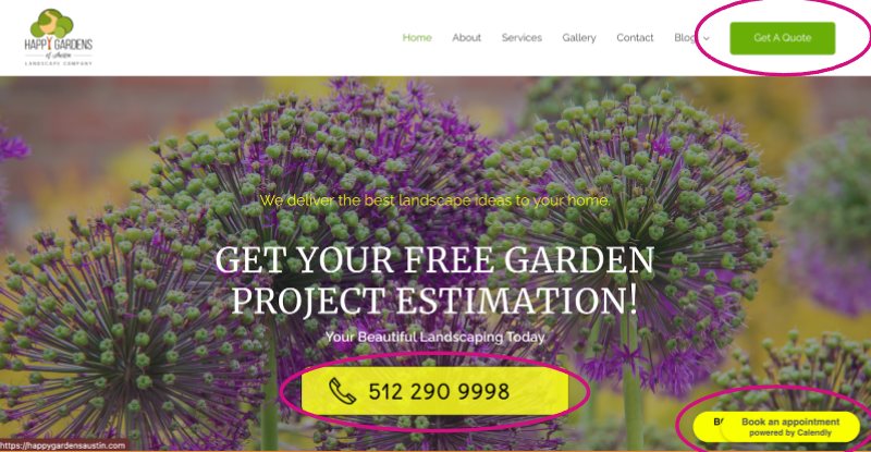 The original Happy Gardens homepage with the Get a Quote button, phone number, and Book an appointment widget circled