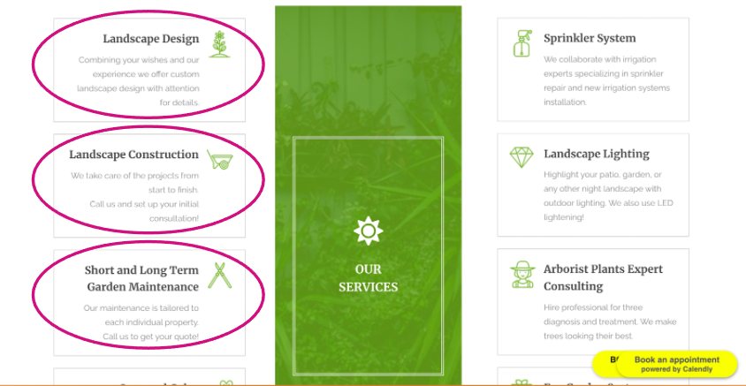 The original services section with landscape design, construction, and maintenance descriptions circled