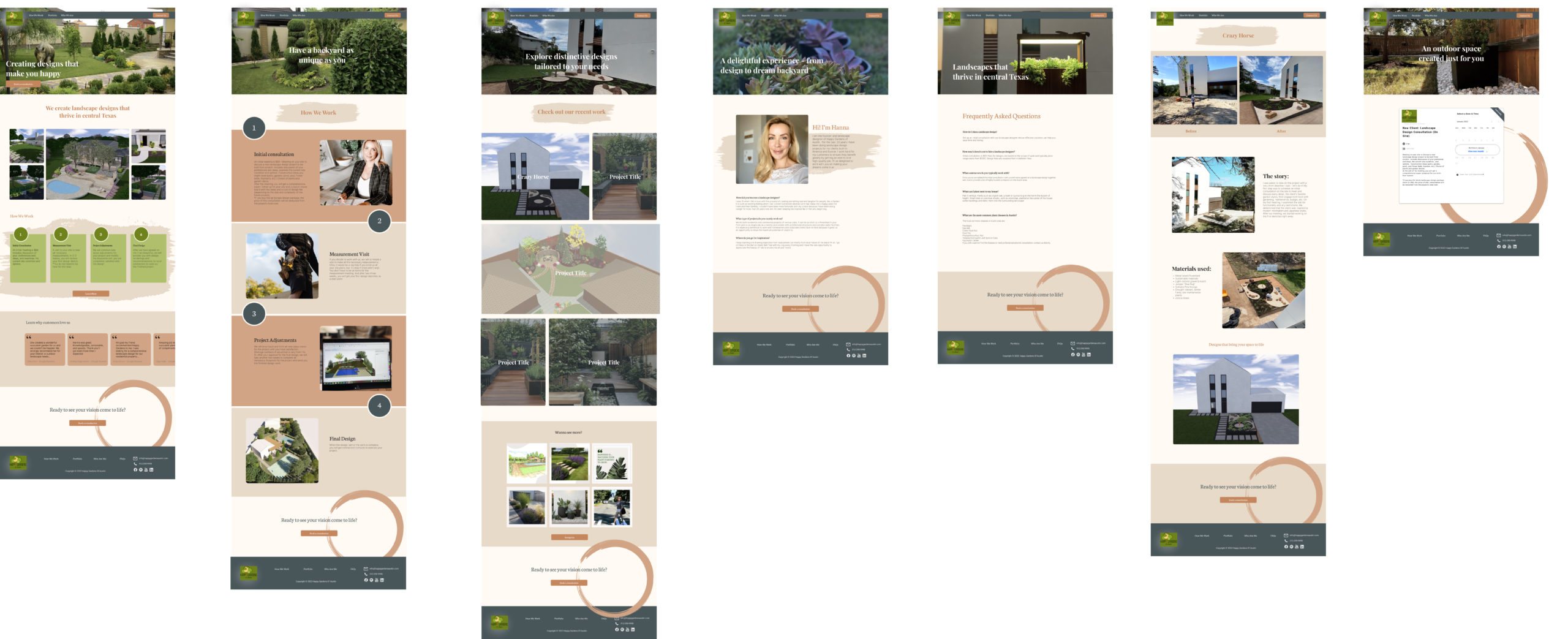 High-fidelity mockups of all seven redesigned pages side by side